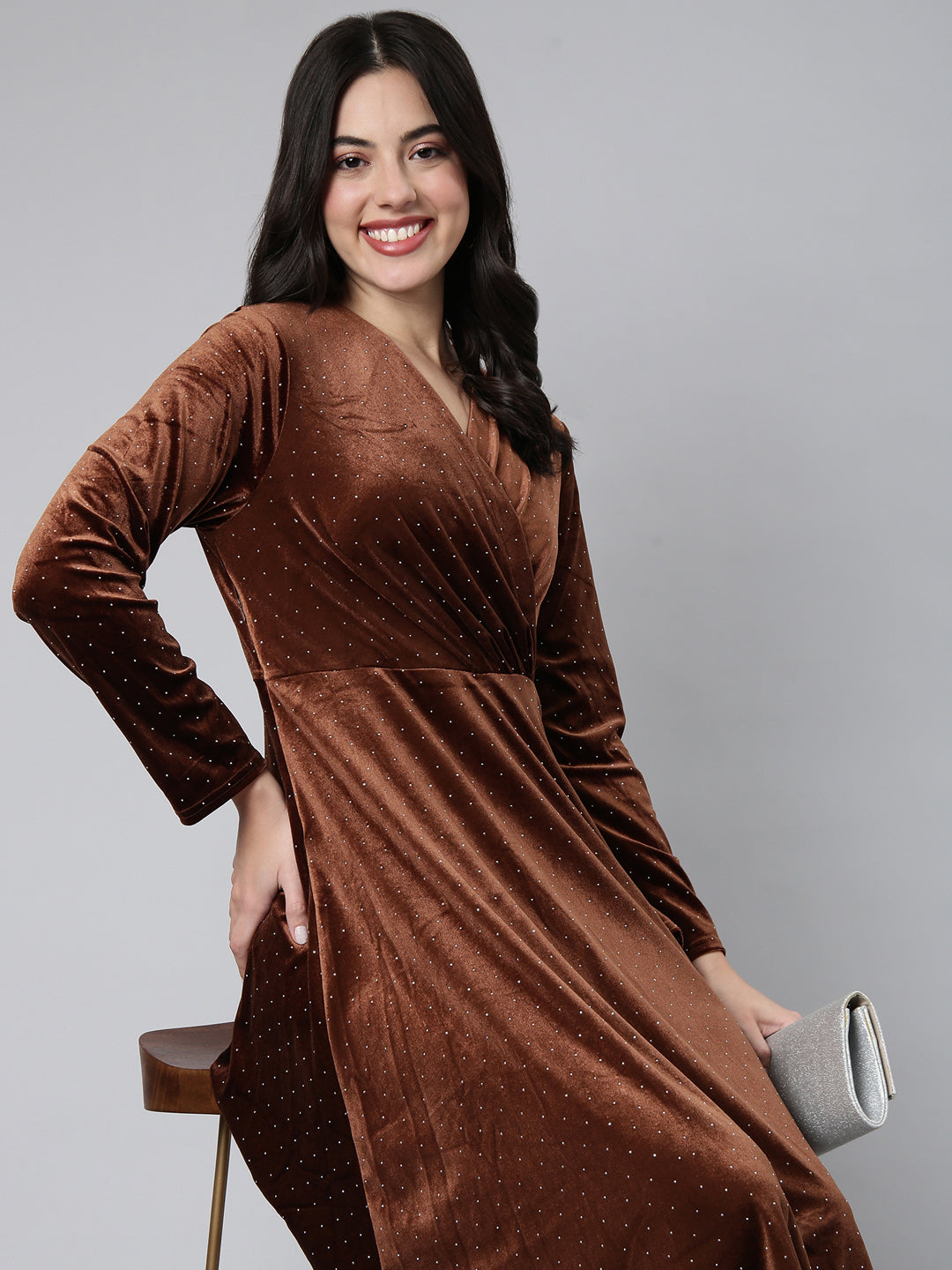 Women's Brown Print Velvet A-Line Midi Dress