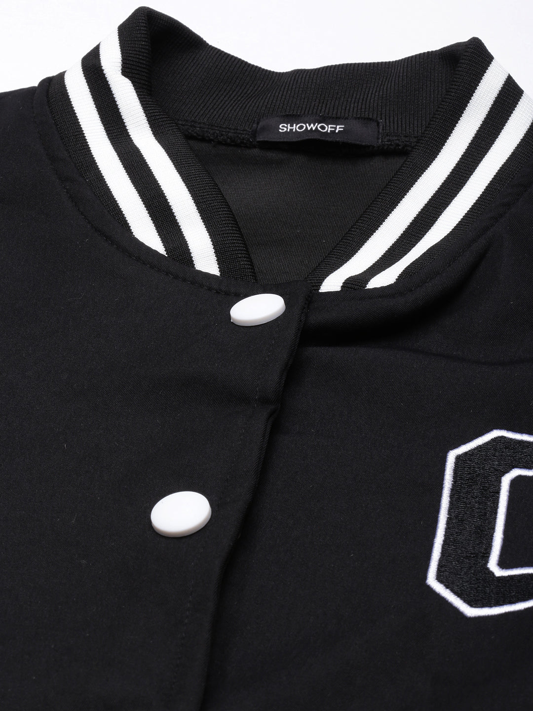 Women's Solid Black Crop Drop Shoulder Varsity Jacket