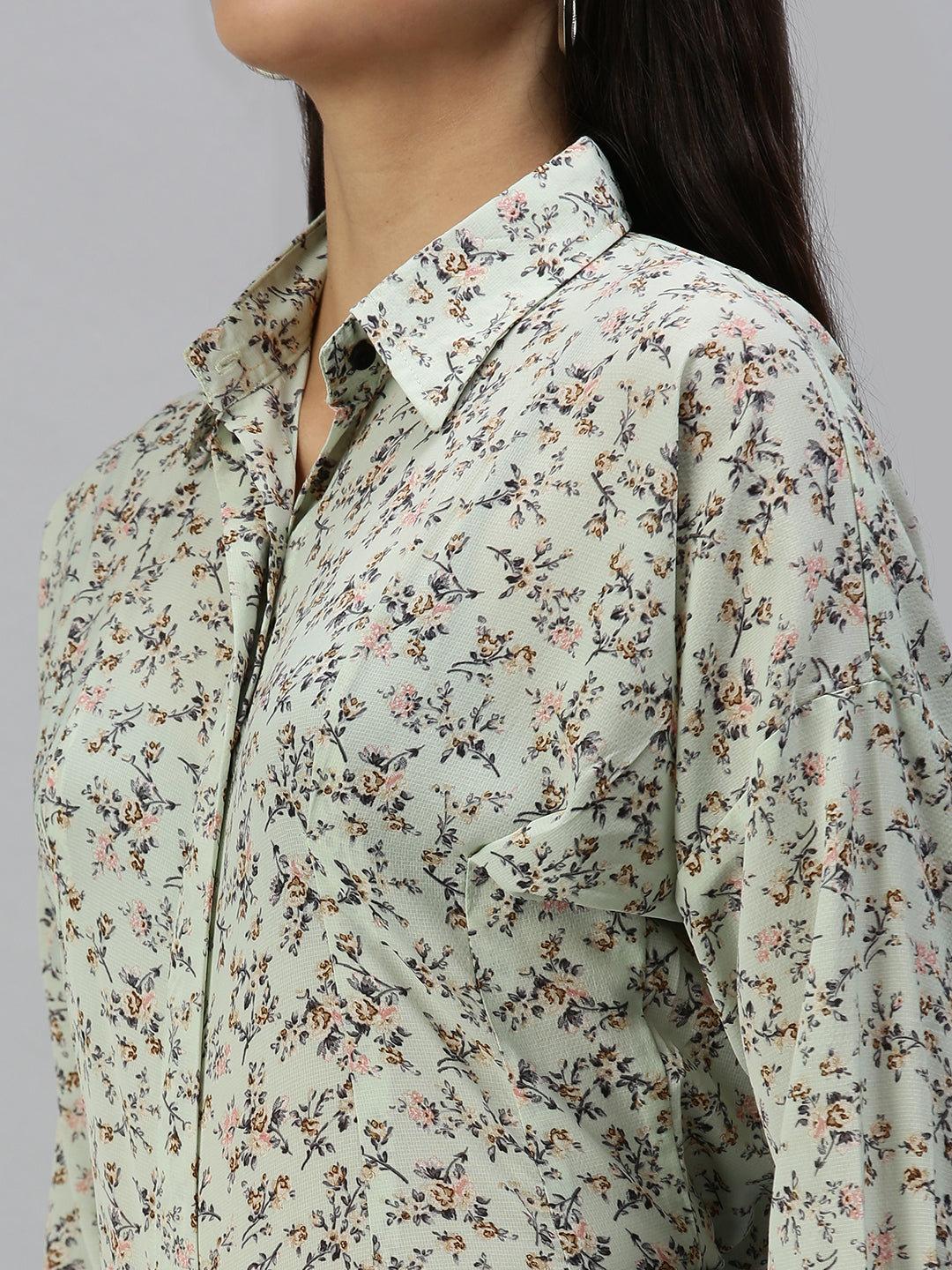 Women's Green Contemporary Slim Fit Floral Semi Sheer Printed Casual Shirt