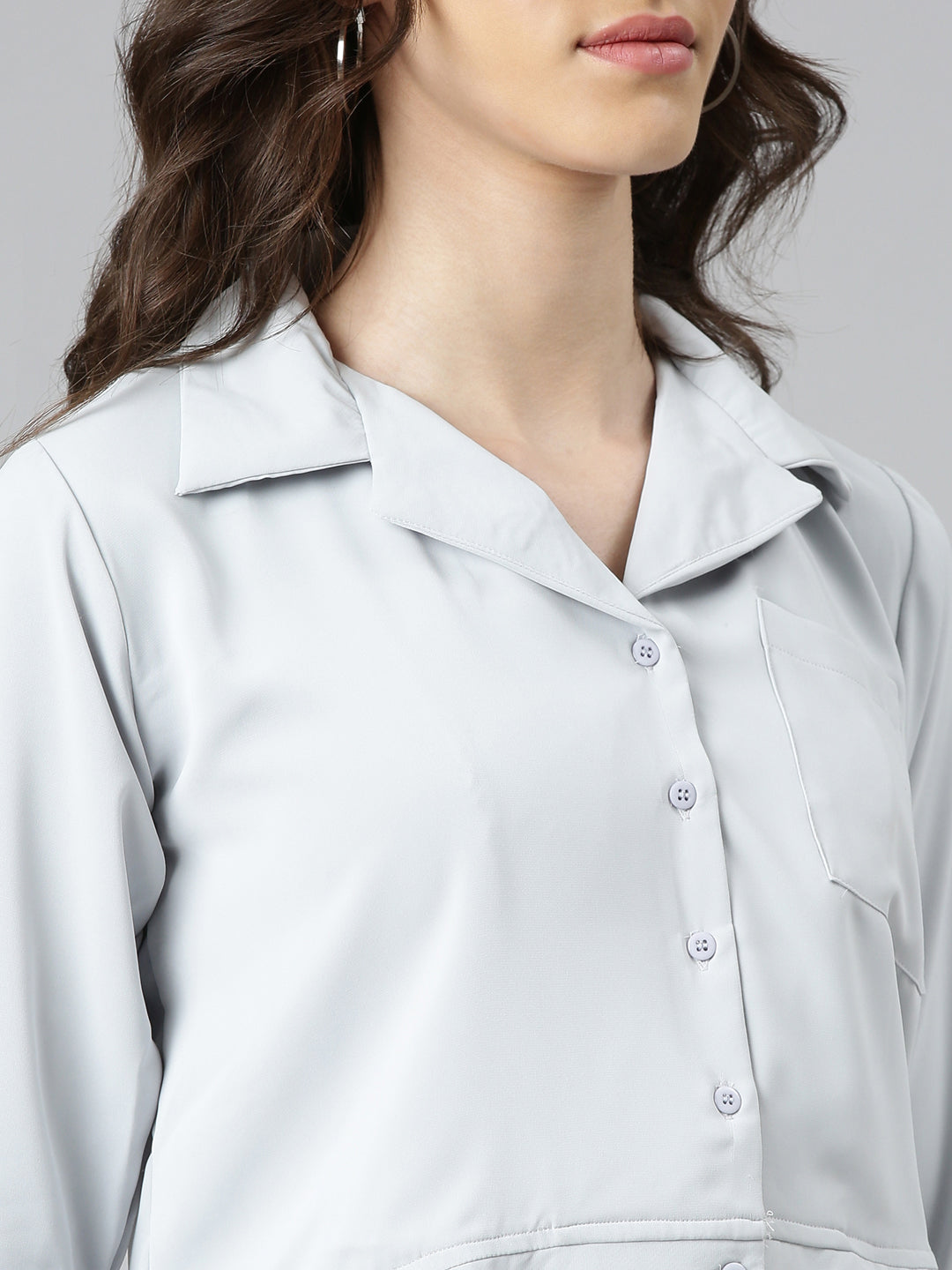 Women's Grey Shirt Collar Cuffed Sleeves Pockets Shirt Style Crop Top