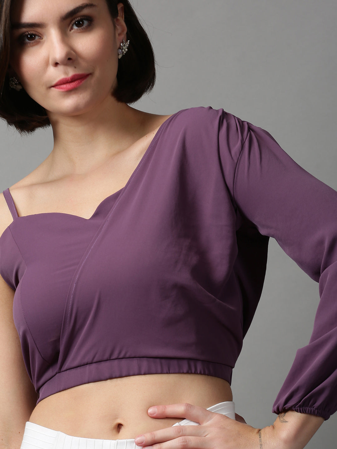 Women's Violet One Shoulder Crepe Wrap Crop Top