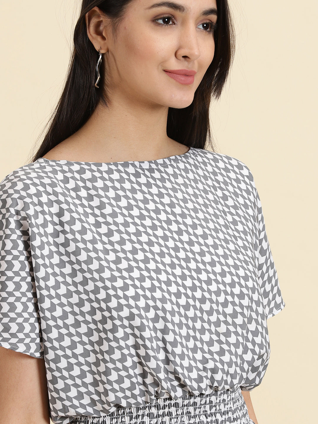 Women's White Checked Boat Neck Crepe Top
