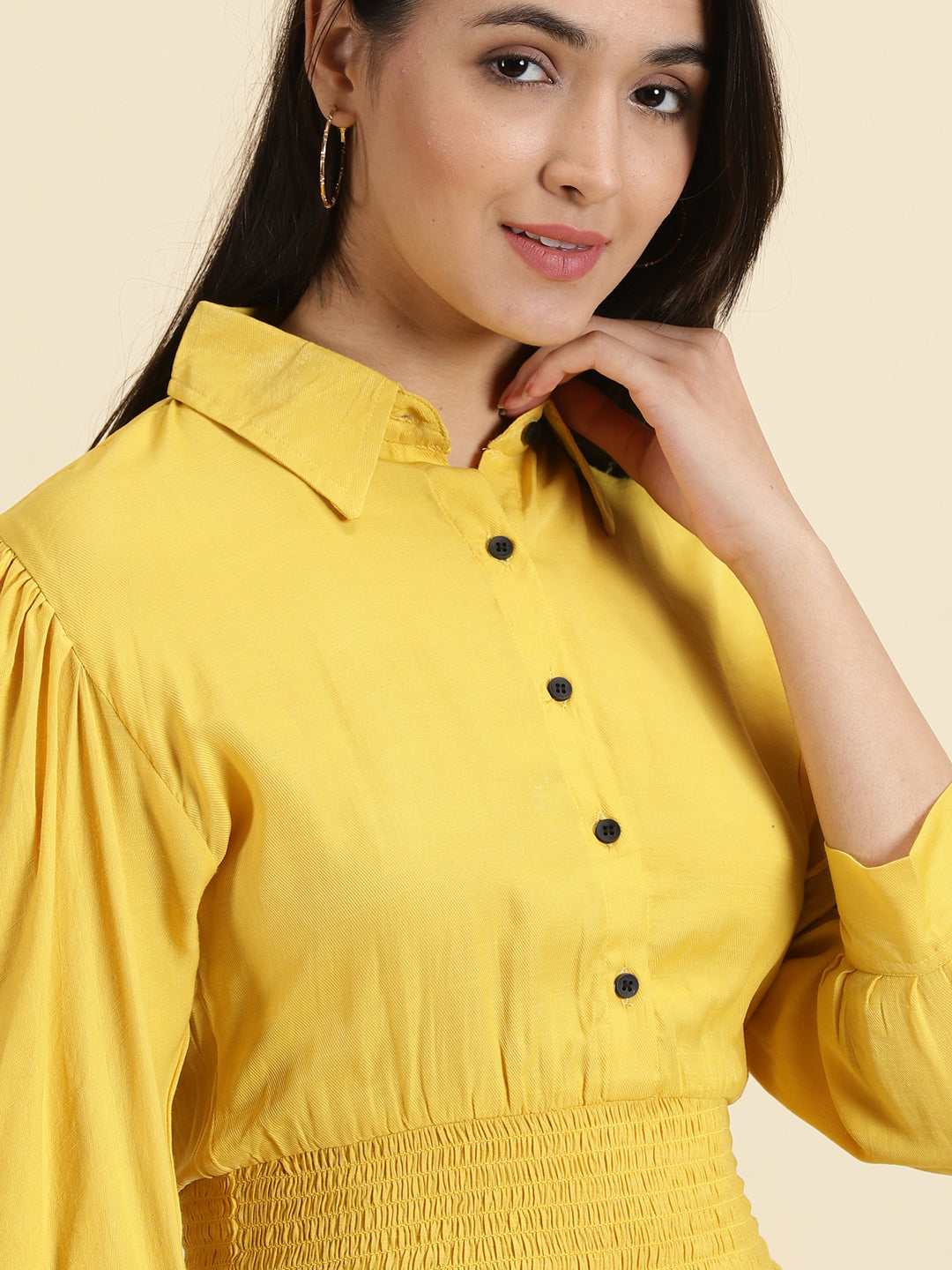 Women's Yellow Spread Collar Cuffed Sleeves Shirt Style Crop Top