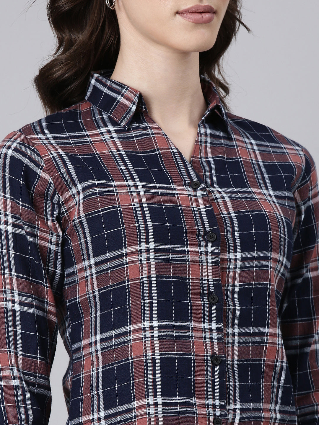 Women's Navy Blue Slim Fit Tartan Checks Spread Collar Twill Cotton Casual Shirt