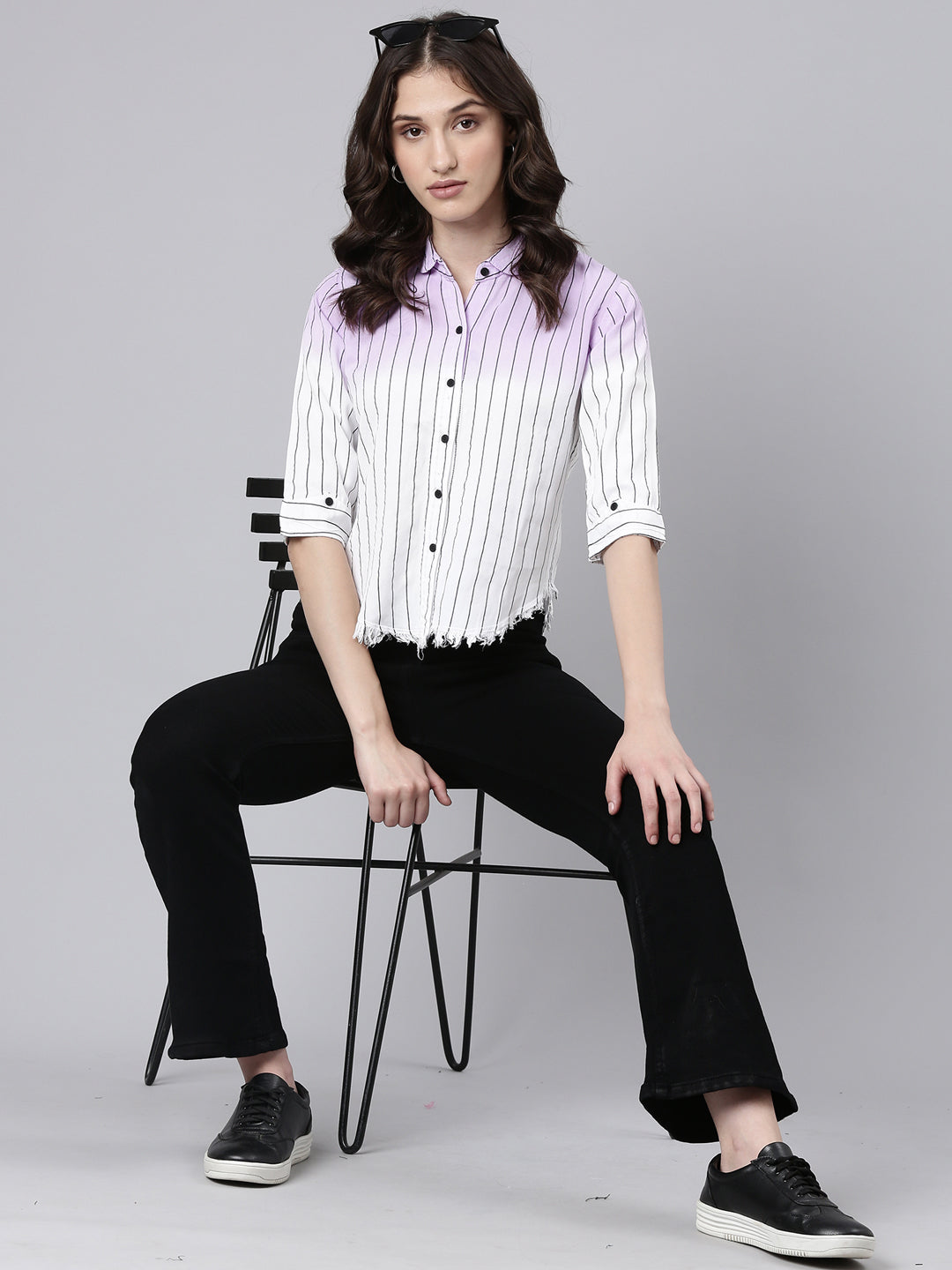 Women's Lavender Slim Fit Striped Cotton Casual Shirt