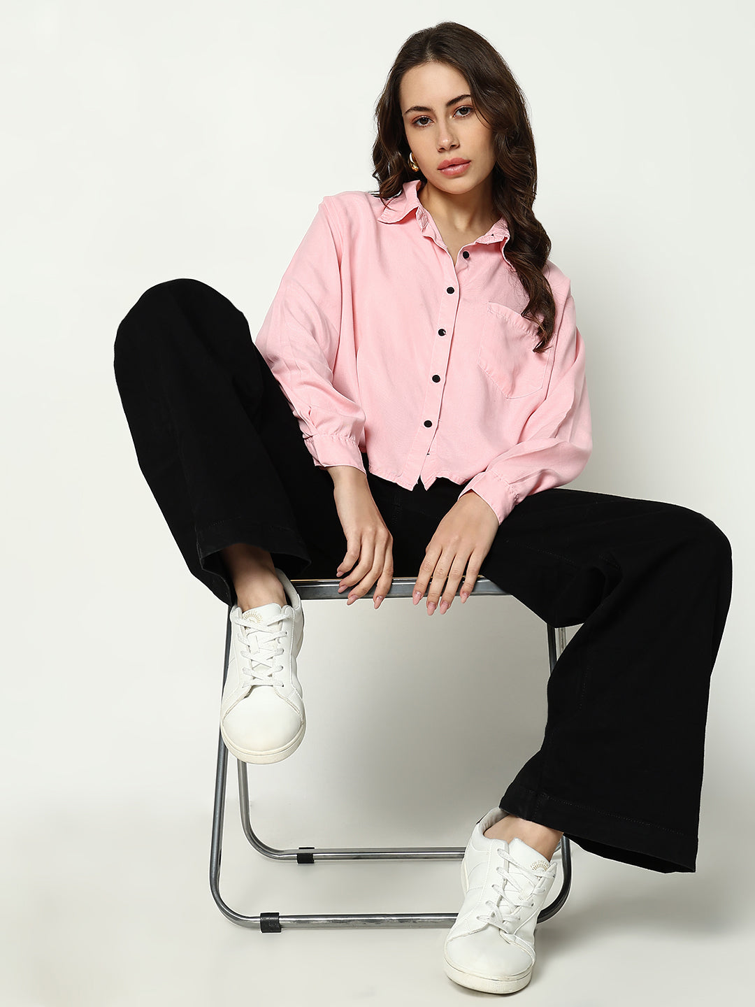 Women's Pink Spread Collar Casual Crop Shirt