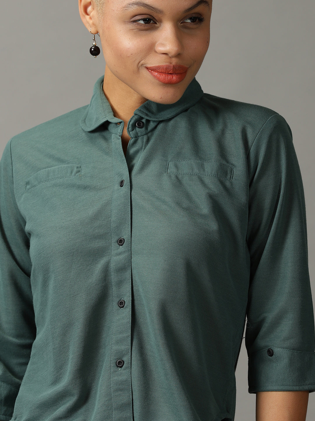 Women's Green Peter Pan Collar Casual Shirt