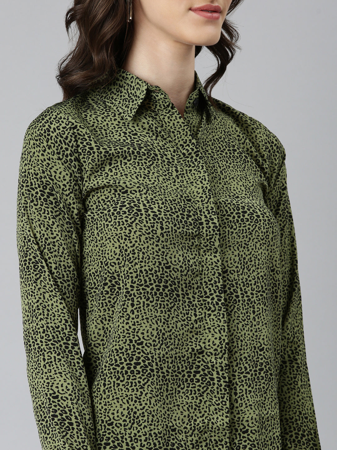 Women's Olive Slim Fit Animal Printed Casual Shirt