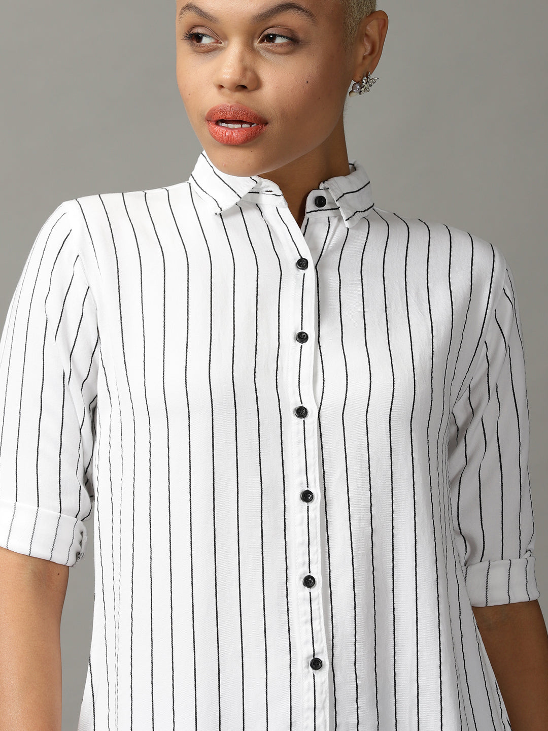 Women's White Striped Casual Longline Shirt