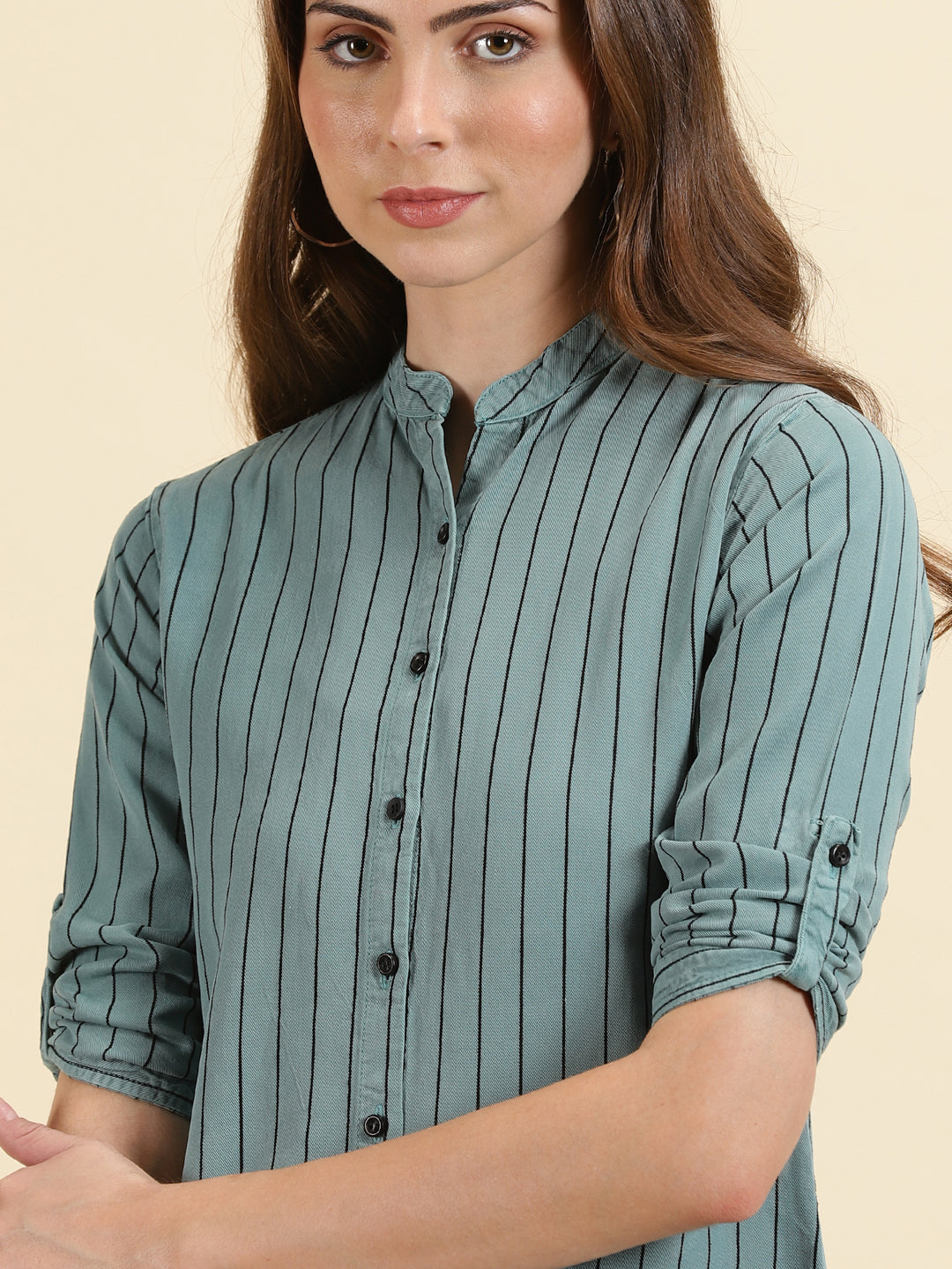 Women's Teal Comfort Slim Fit Striped Mandarin Collar Cotton Casual Longline Shirt