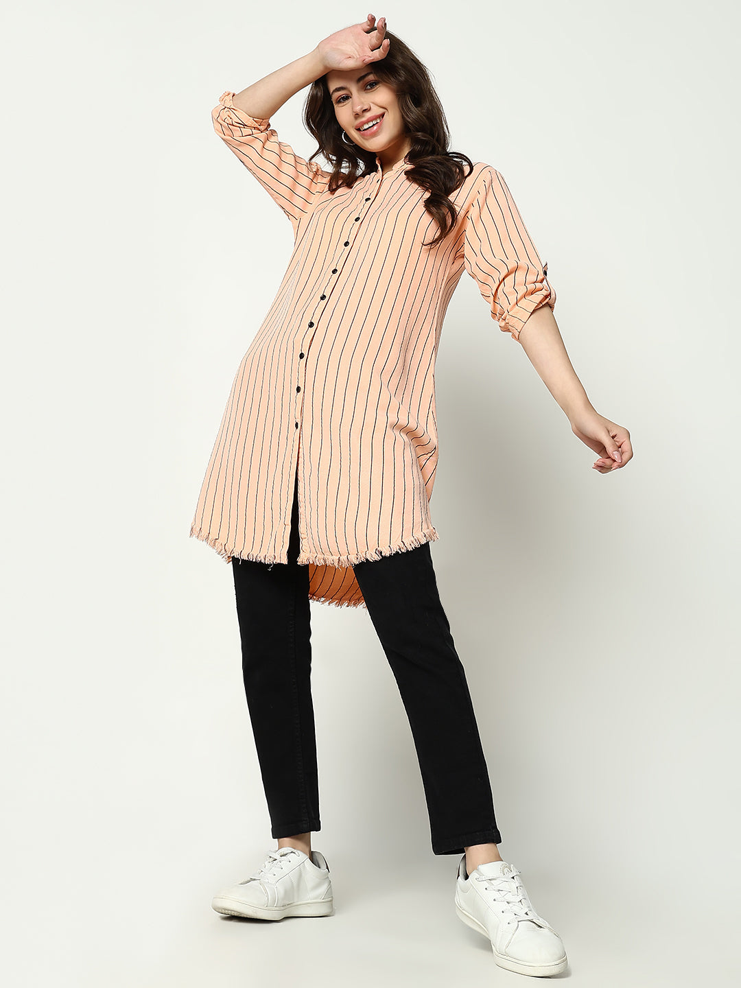 Women's Peach Striped Casual Shirt