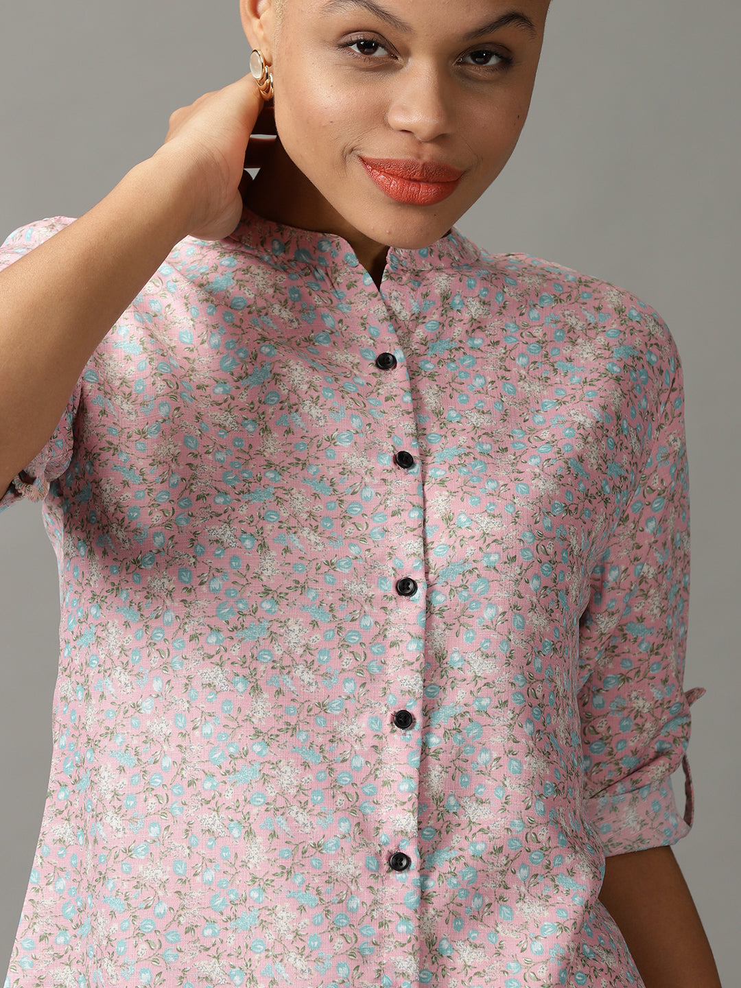Women's Pink Floral Printed Longline Casual Shirt