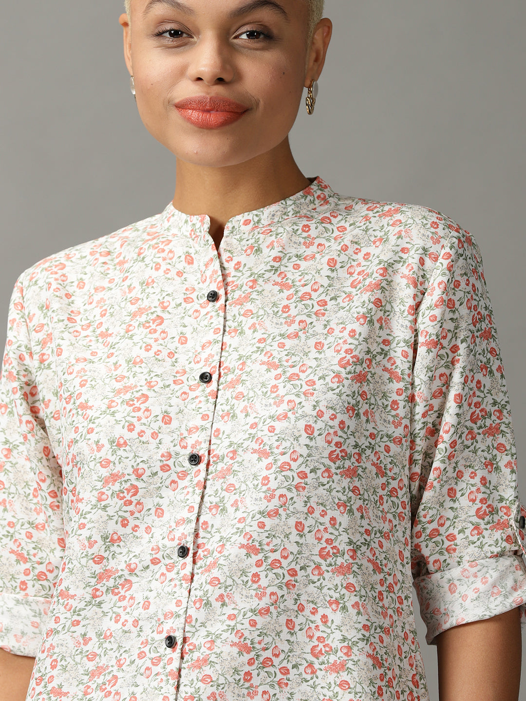 Women's White Floral Printed Casual Longline Shirt