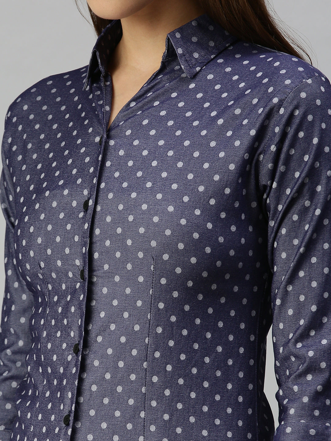 Women's Navy Blue Semi Skinny Fit Printed Casual Shirt