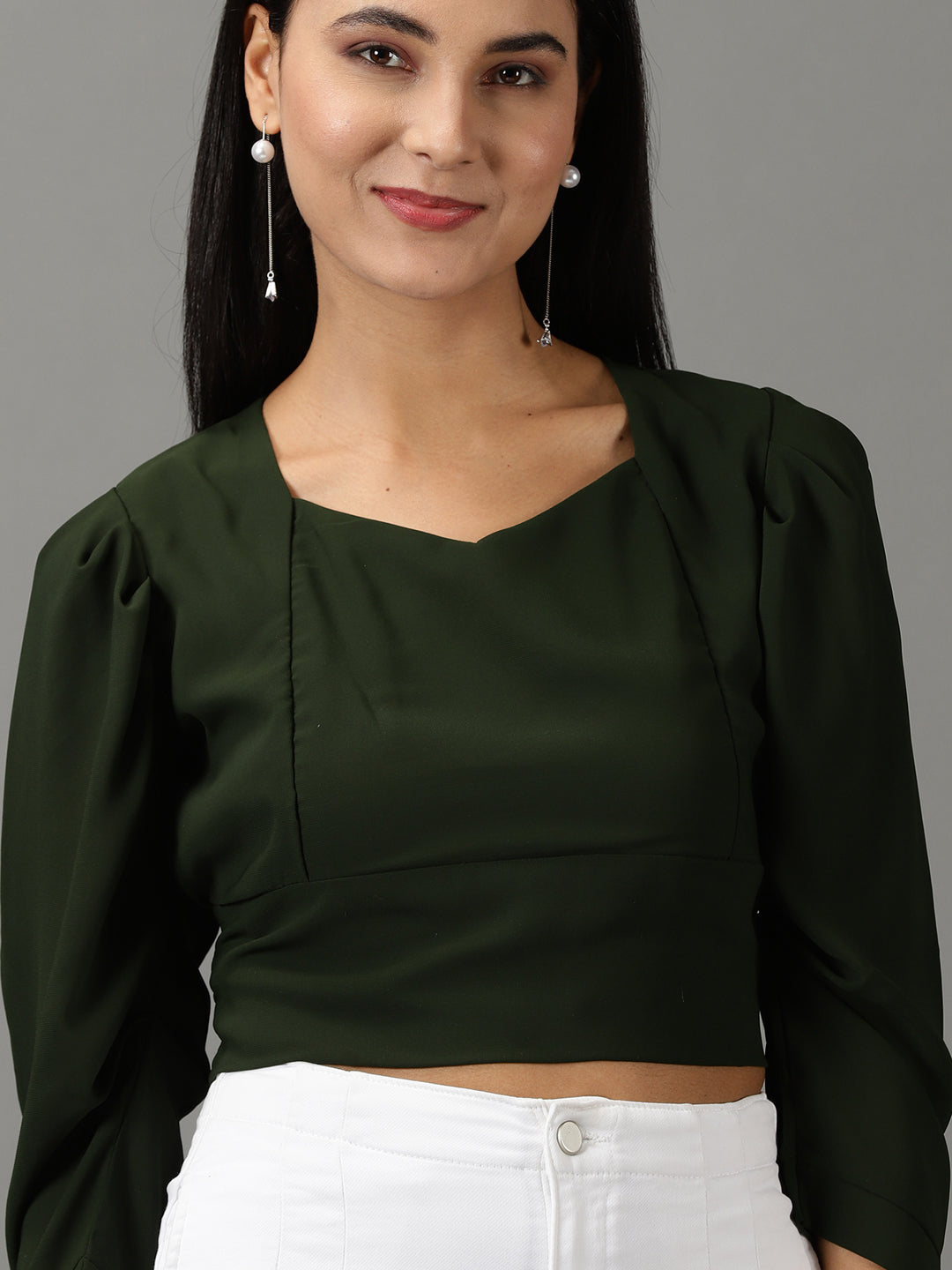 Women's Olive Sweetheart Neckline Smocking Crop Top