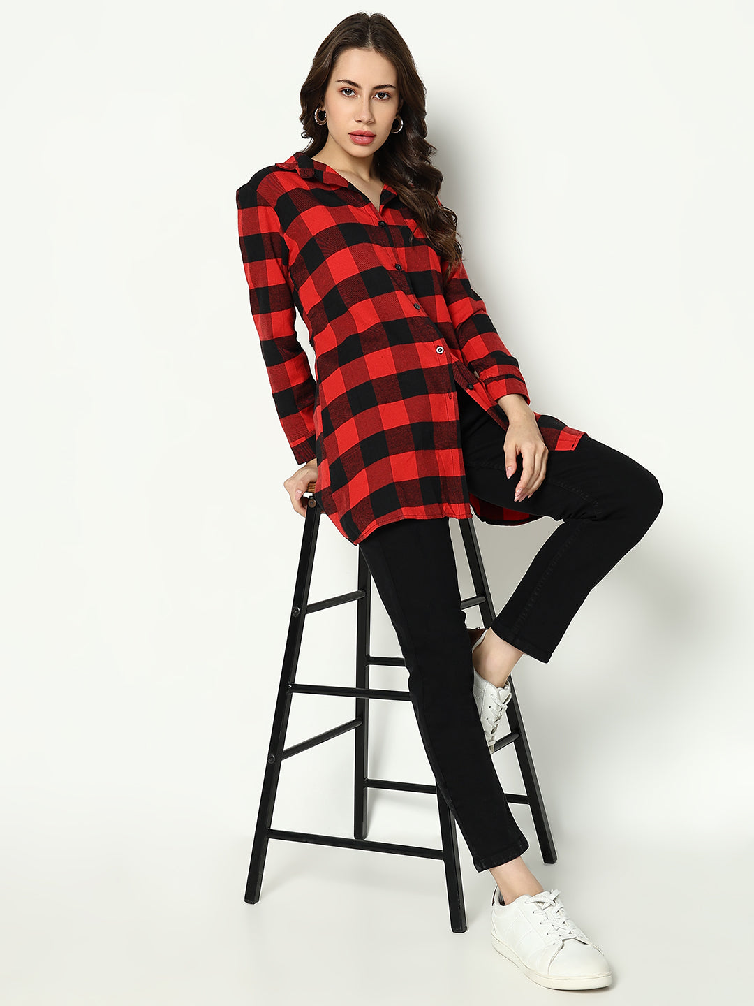 Women's Red Classic Buffalo Checked Cotton Casual Longline Shirt