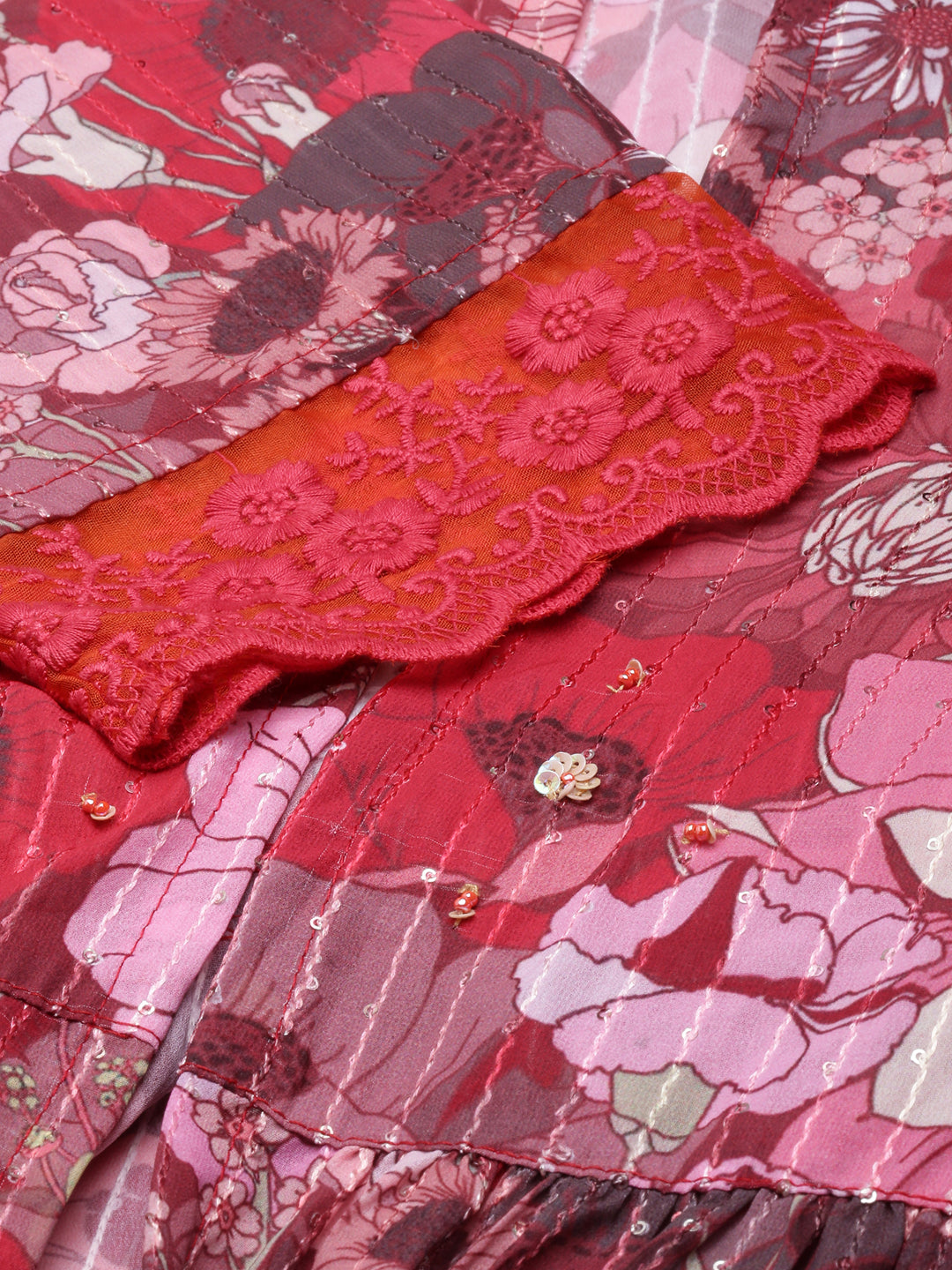 Women's Peach Floral Shoulder Straps Cotton Fit And Flare Dress