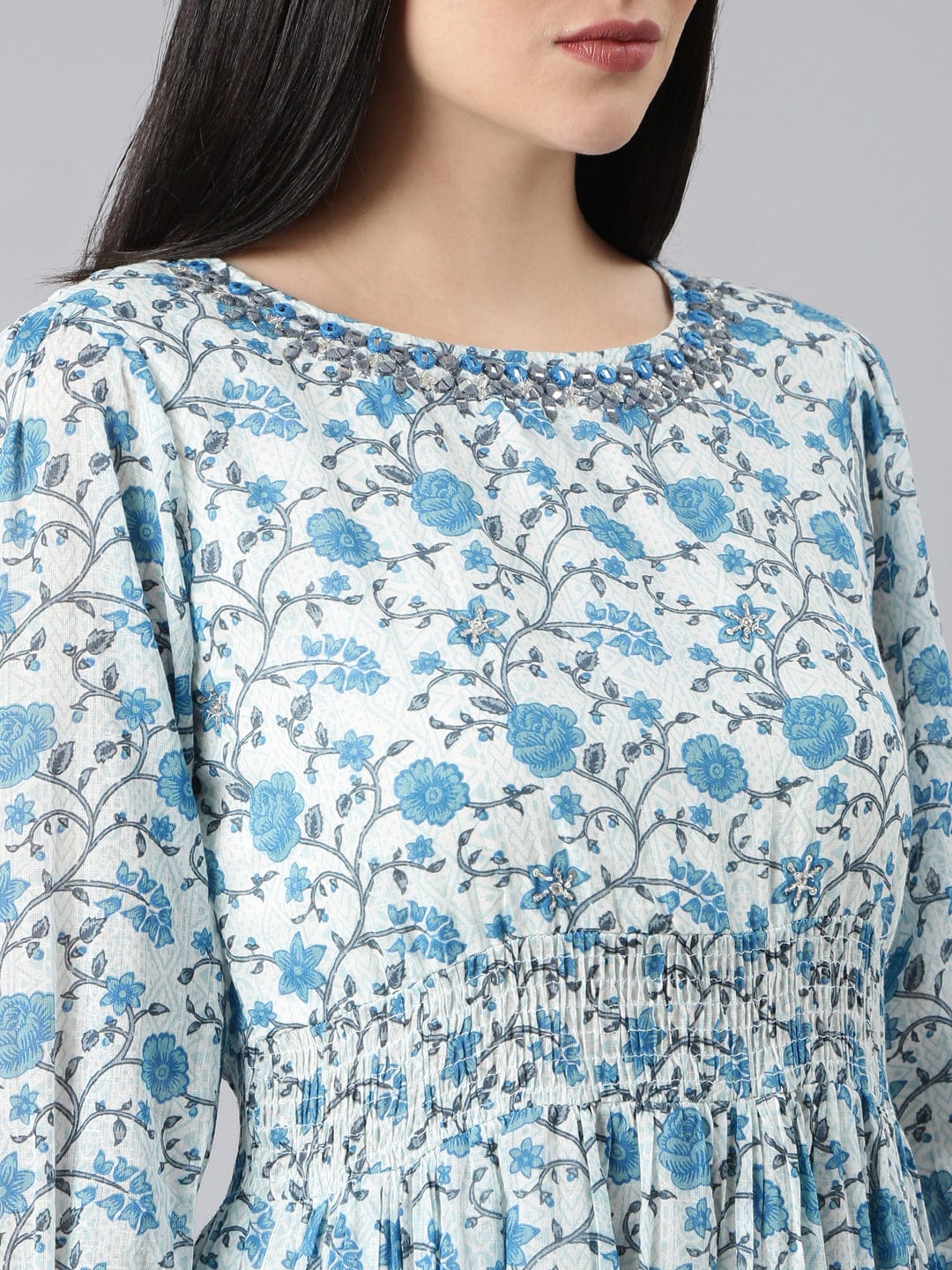 Women's White Floral Print Puff Sleeve A-Line Dress
