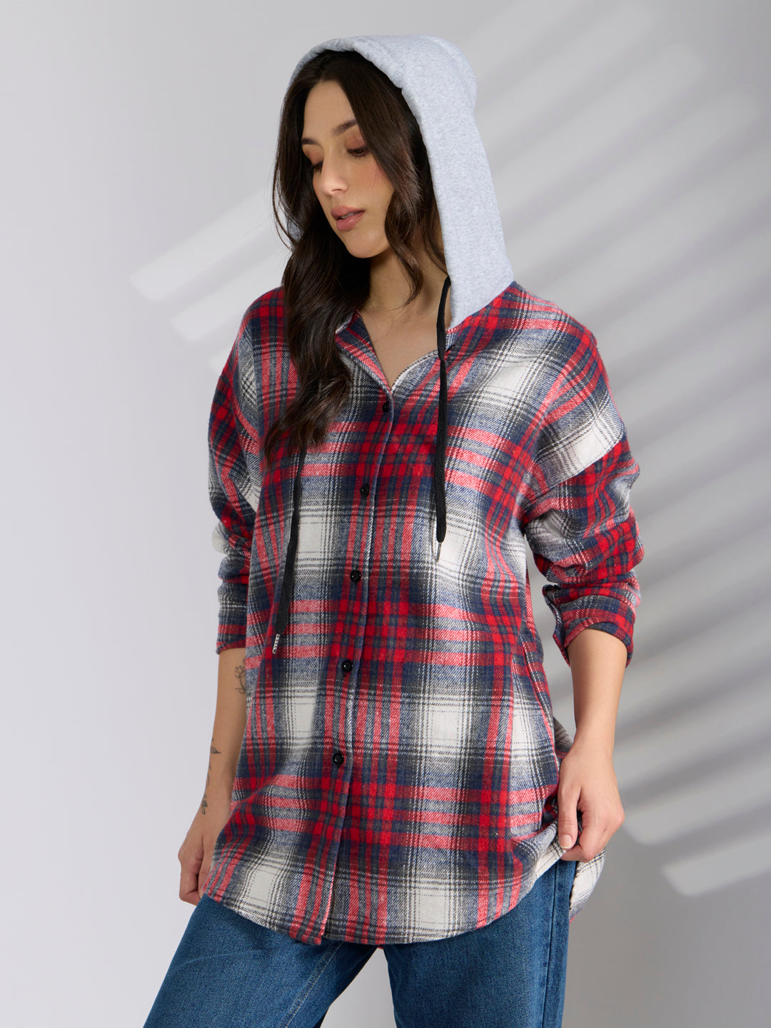 Women's Checked Red Hooded Oversized Shirts
