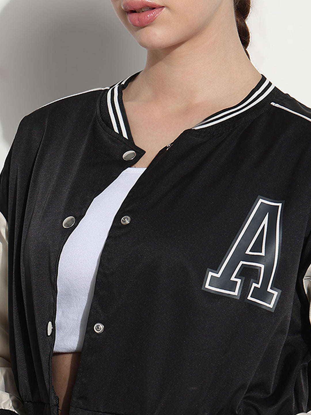 Women's Typography Black Mandarin Collar Relaxed Fit Varsity Jacket