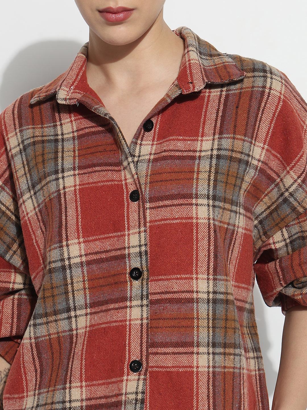 Women's Tartan Checks Red Oversized Shirt