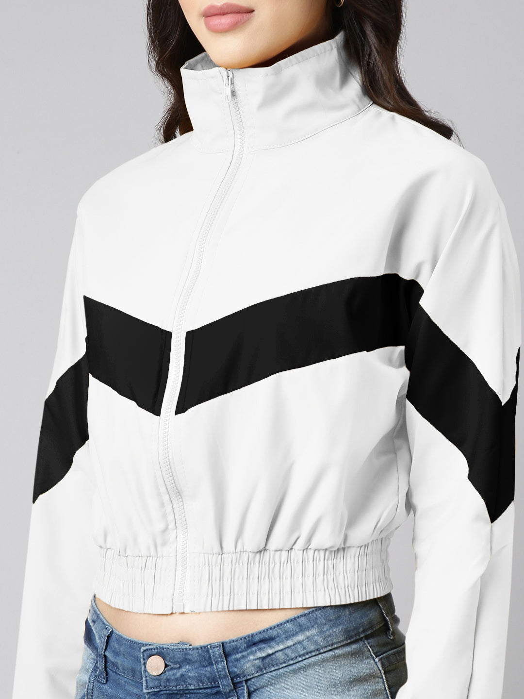 Women's White Mock Collar Relaxed Fit Zipper Crop Bomber Jacket