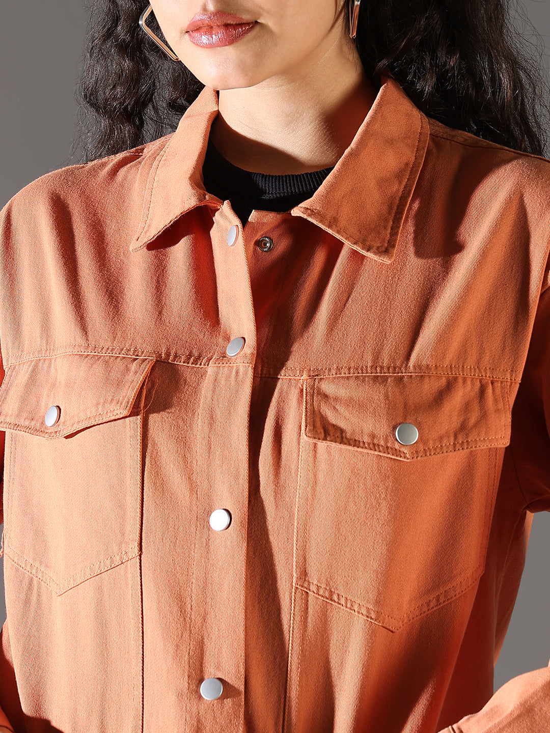 Women's Orange Spread Collar Solid Casual Denim Windcheater Jacket