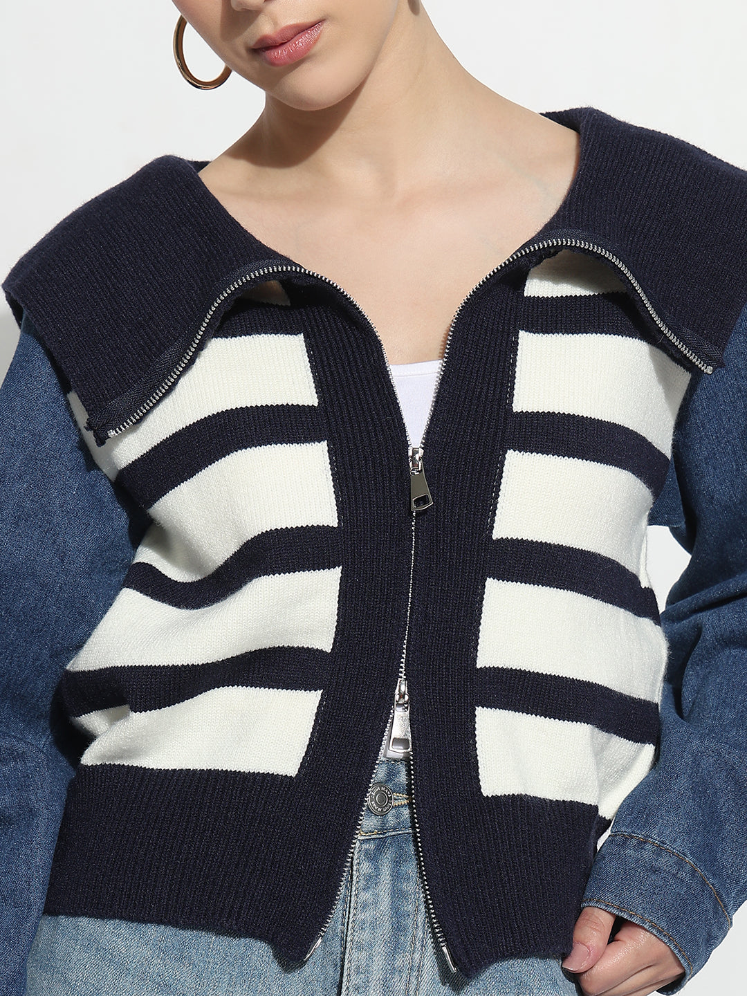 Women's Striped Blue Relaxed Fit Tailored Jacket with Zip