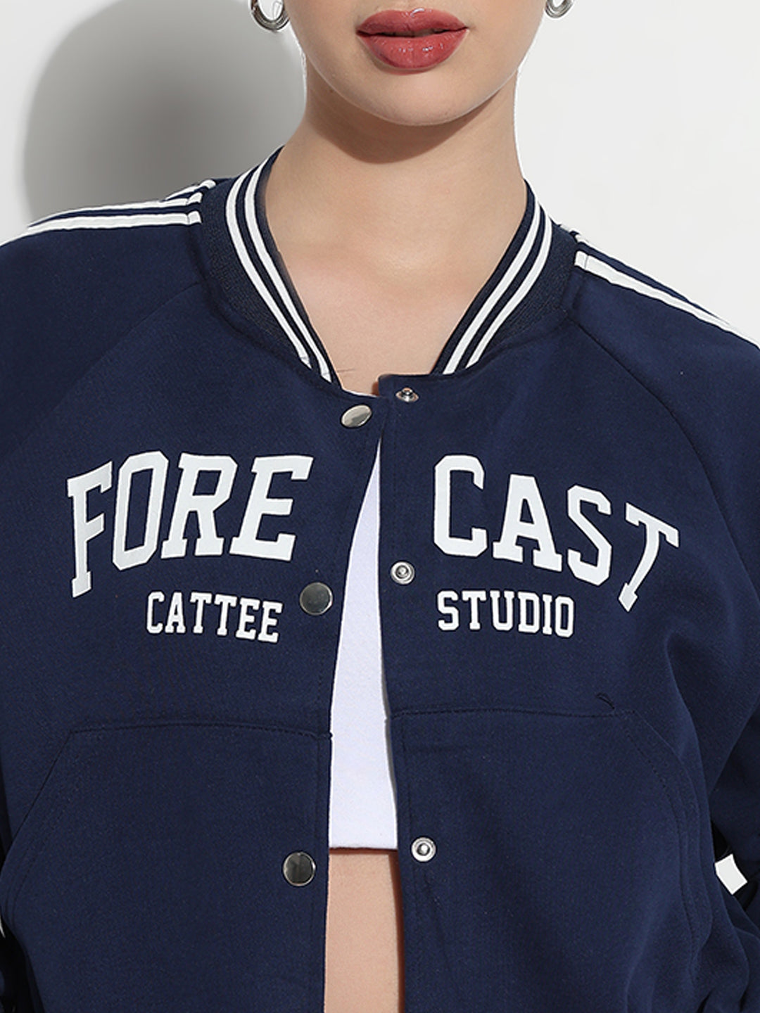 Women's Typography Navy Blue Mandarin Collar Relaxed Fit Varsity Jacket