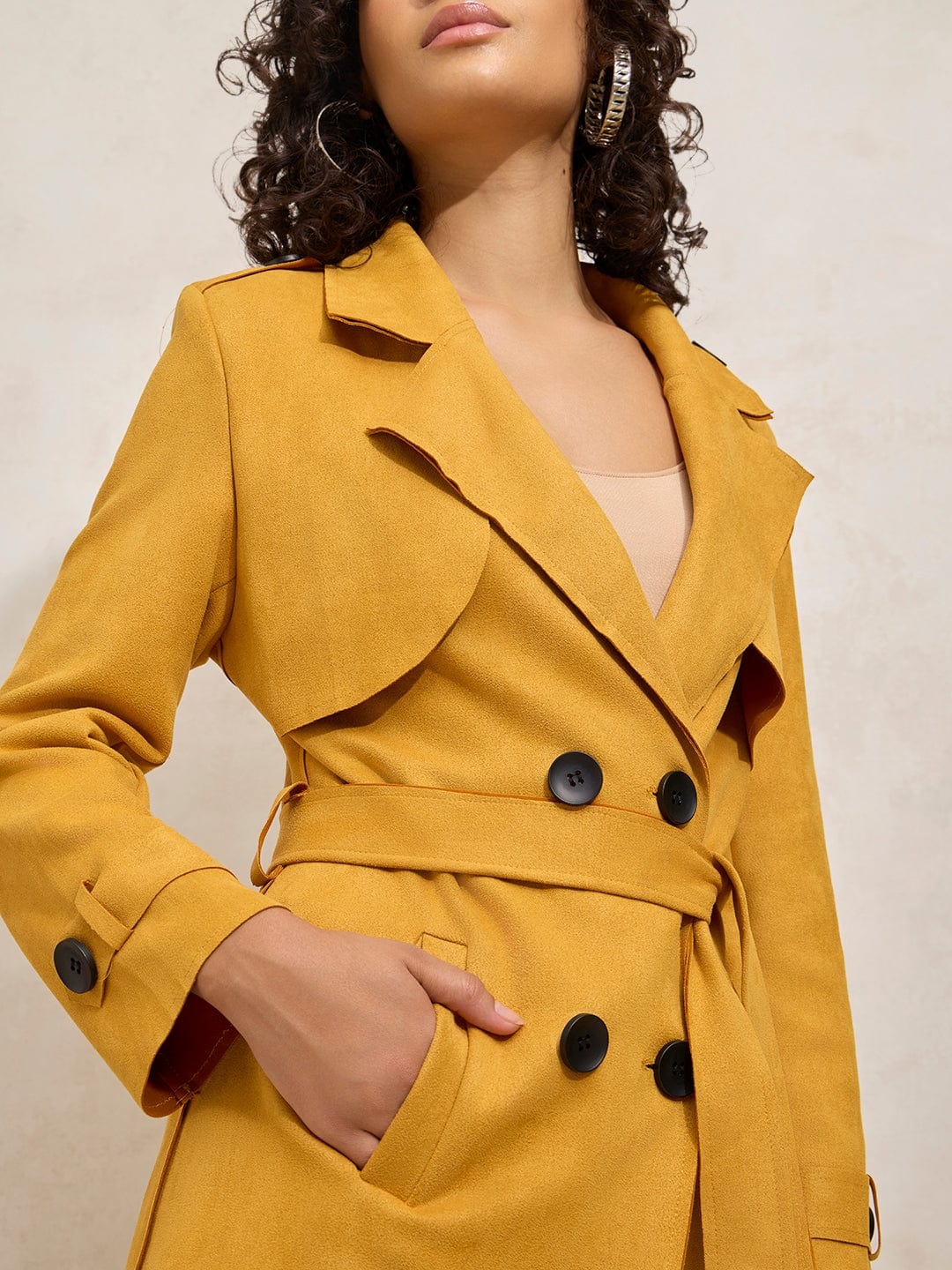 Women's Yellow Double Breasted Trench Coat with Belt