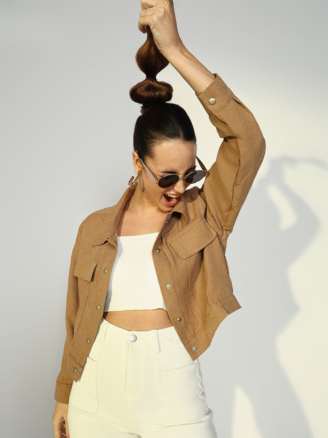 Women's Textured Beige Jacket with Snap Buttons