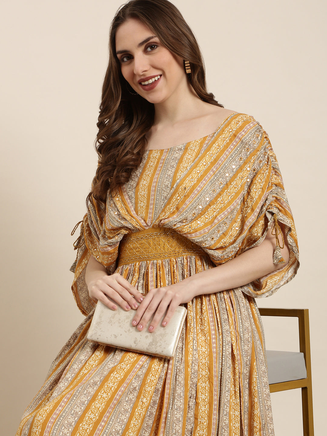 Women's Mustard Floral Printed Square Neck Cape Sleeves Fit and Flare Dress