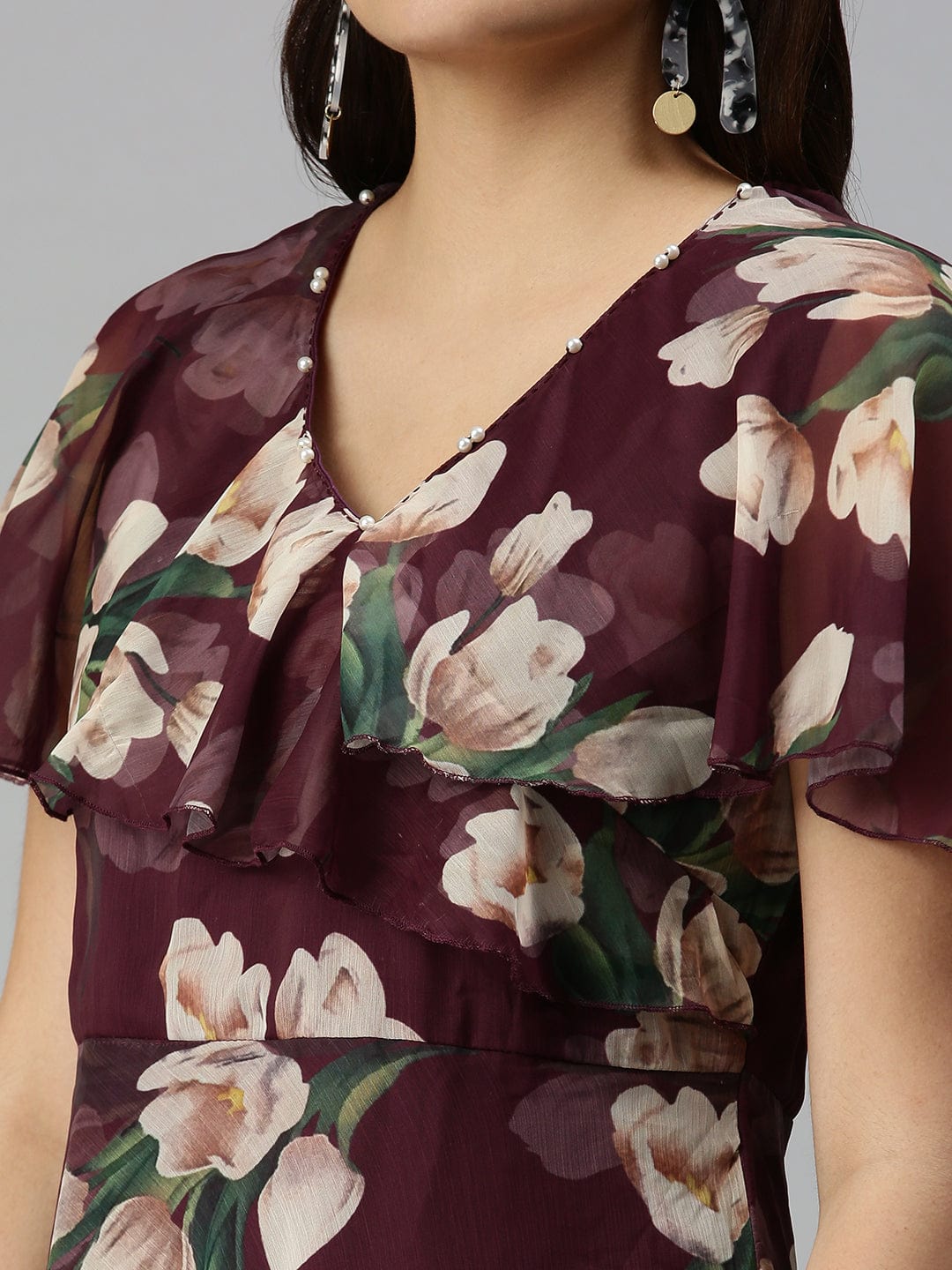 Women's V-Neck Printed Empire Magenta Dress