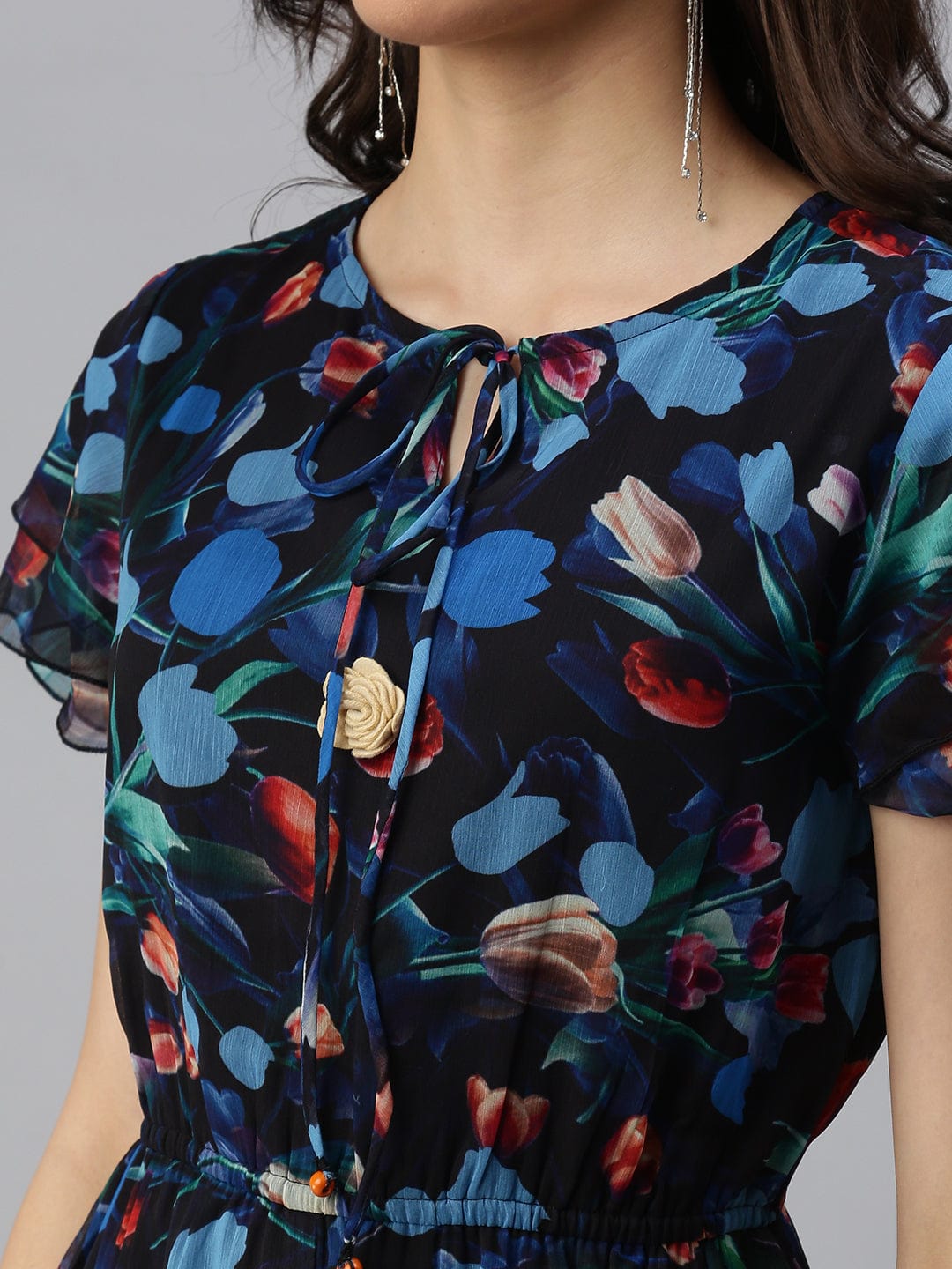 Women's Tie-Up Neck Printed Fit and Flare Blue Dress