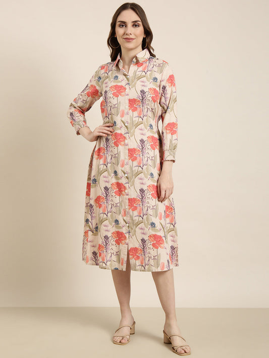 Women's Beige Floral Print Shirt Collar Full Sleeves Smocked Shirt Midi Dress