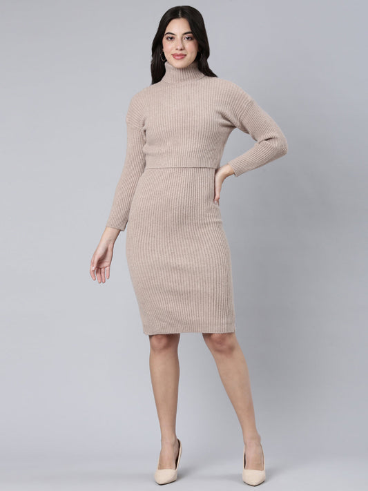 Women's Beige Self Design Knee Length Bodycon Dress