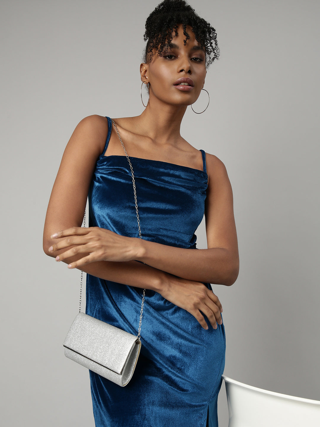 Women's Blue A-Line Velvet Midi Dress