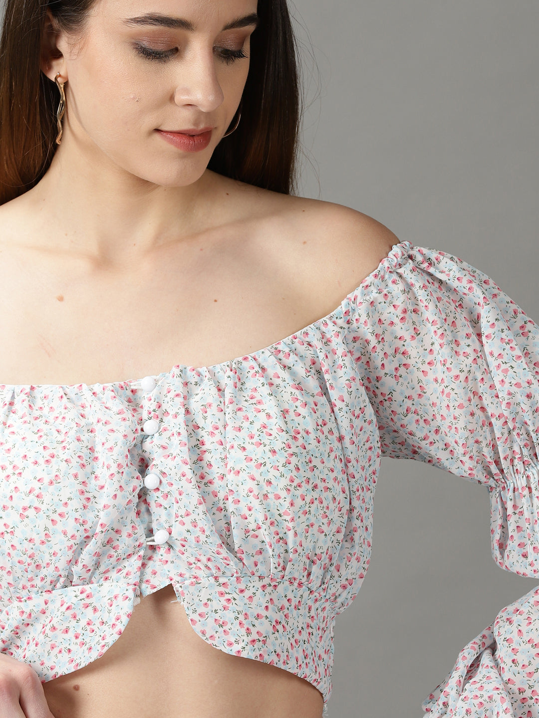 Women's White Floral Print Off-Shoulder Chiffon Bardot Crop Top