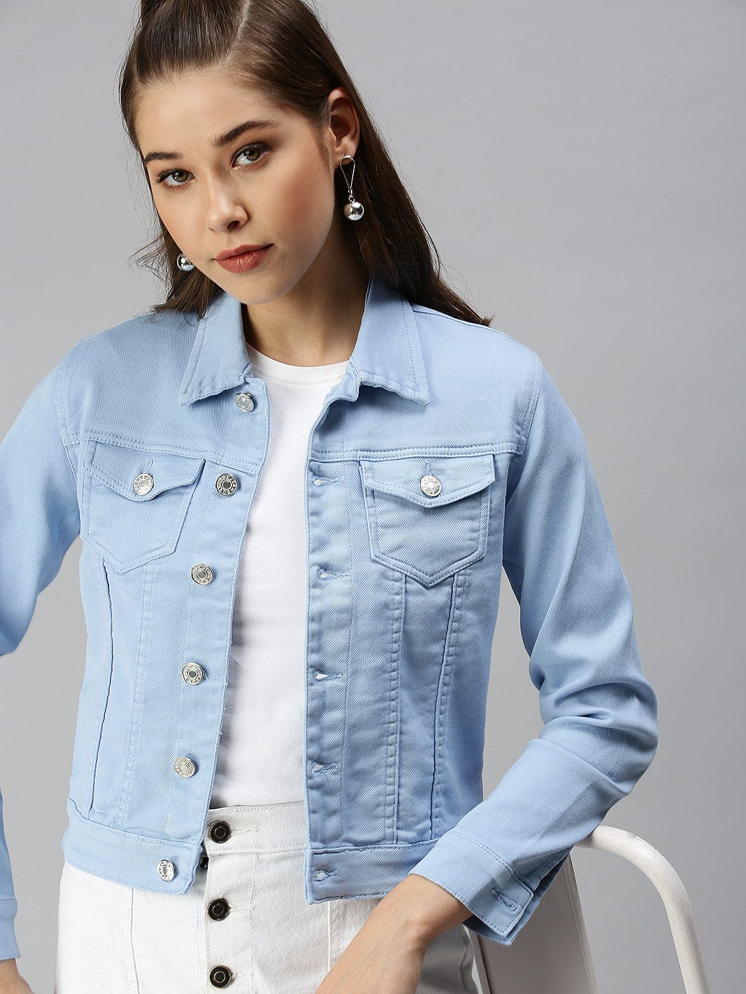 Women's Spread Collar Long Sleeves Blue Denim Jacket