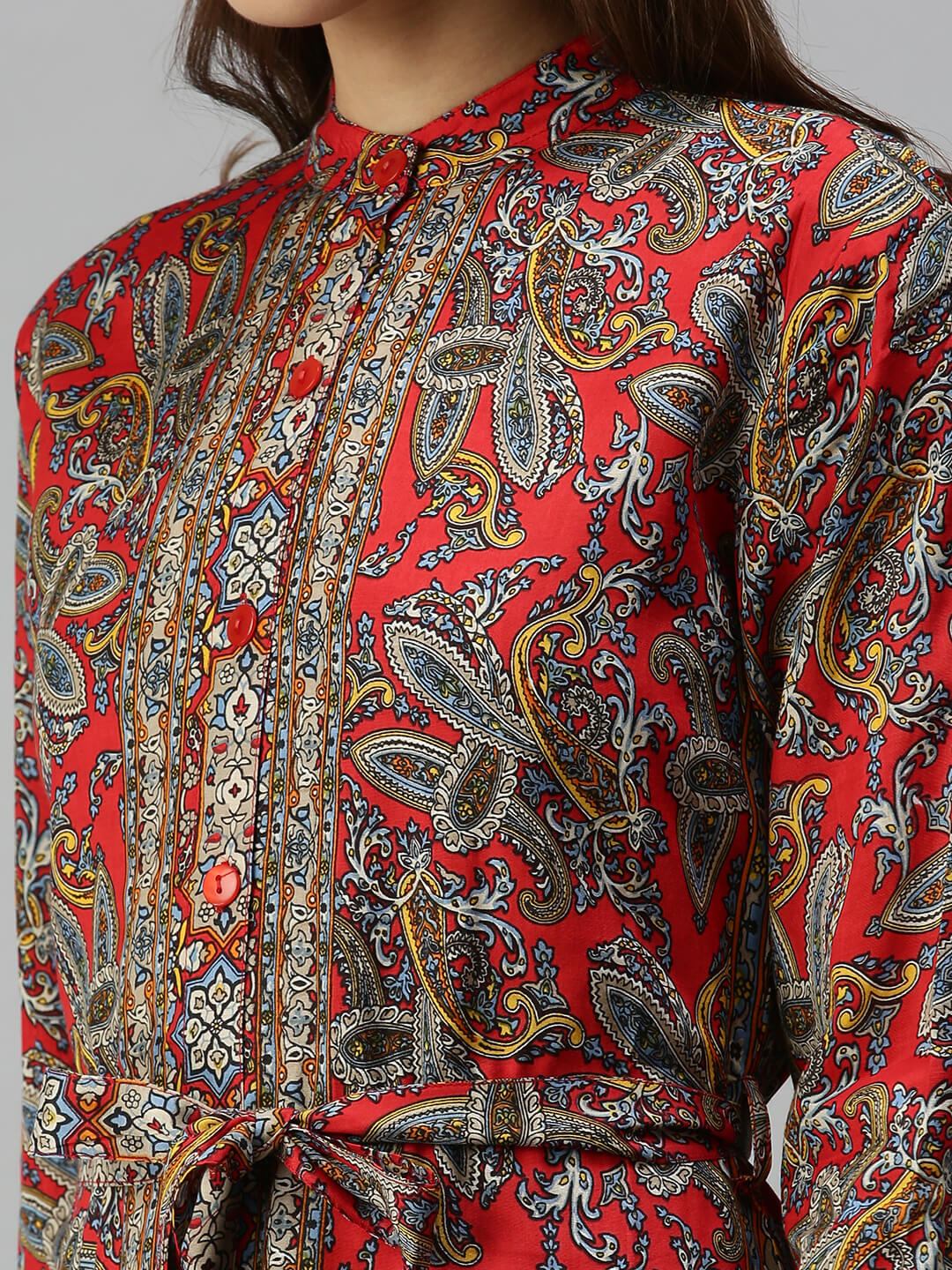 Women's Mandarin Collar Printed Shirt Style Red Dress