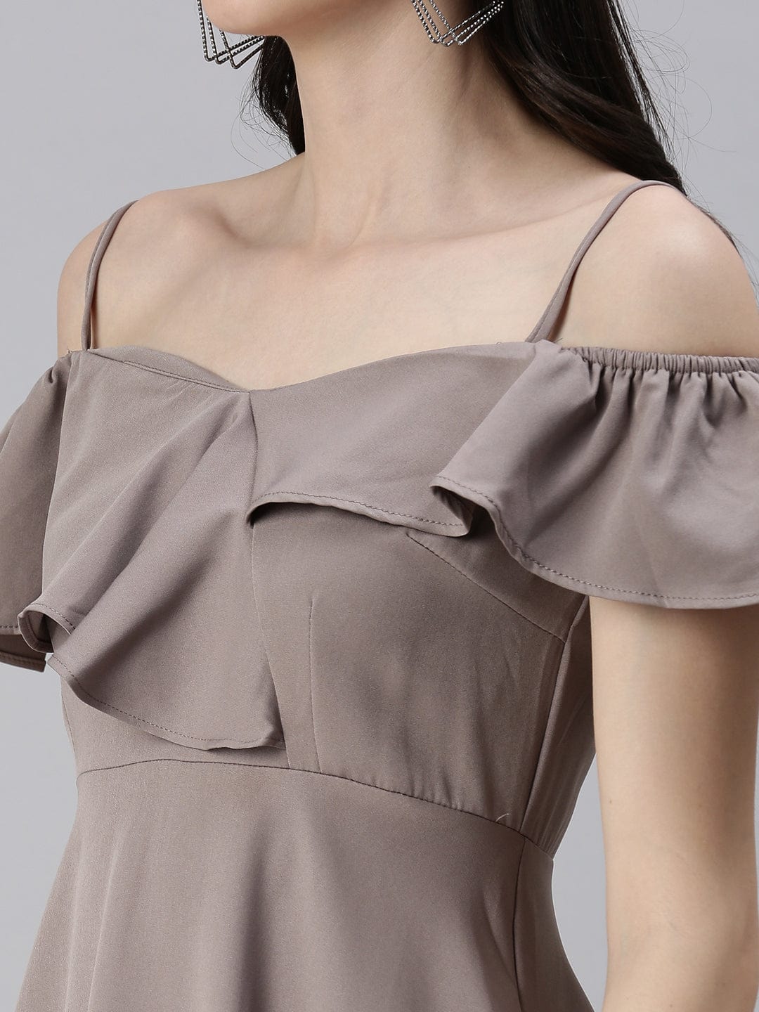 Women's Shoulder Straps Solid Fit and Flare Taupe Dress