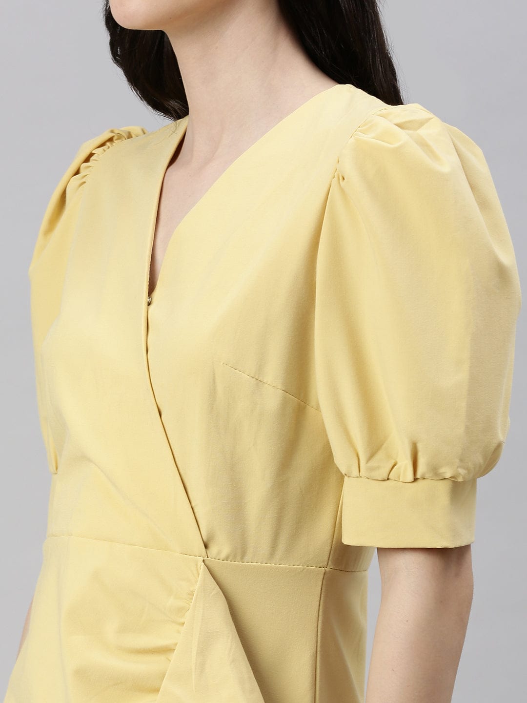 Women's V-Neck Solid Fit and Flare Yellow Dress