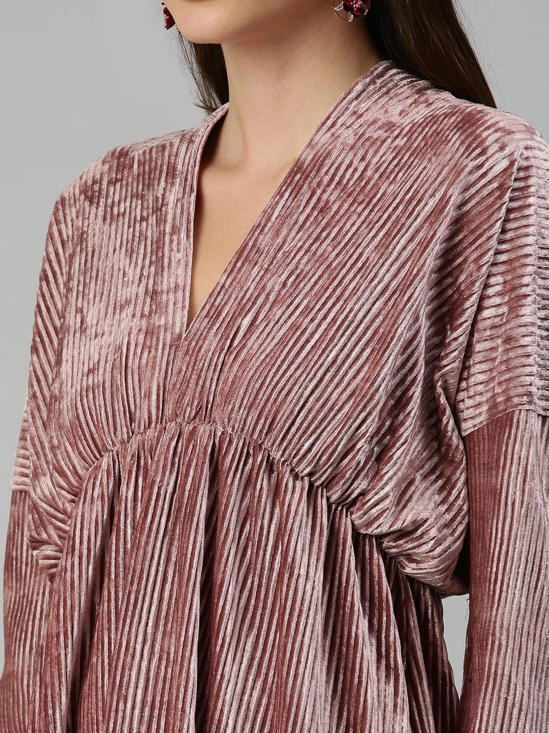 Women's V-Neck Solid Fit and Flare Mauve Dress