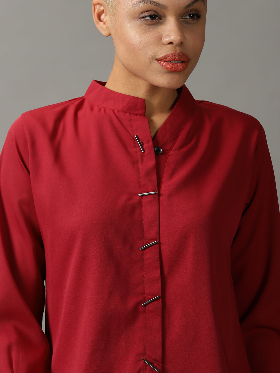 Women's Maroon Mandarin Collar Casual Shirt