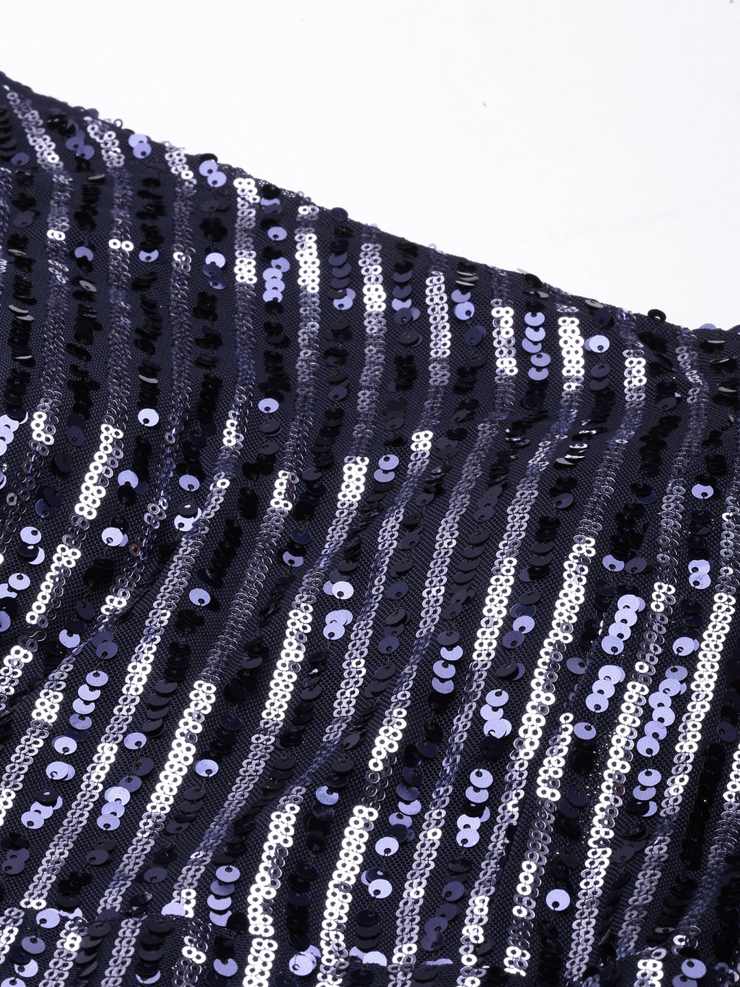 Women's Navy Blue Sequinned Embellished Bell Sleeve Bodycon Dress