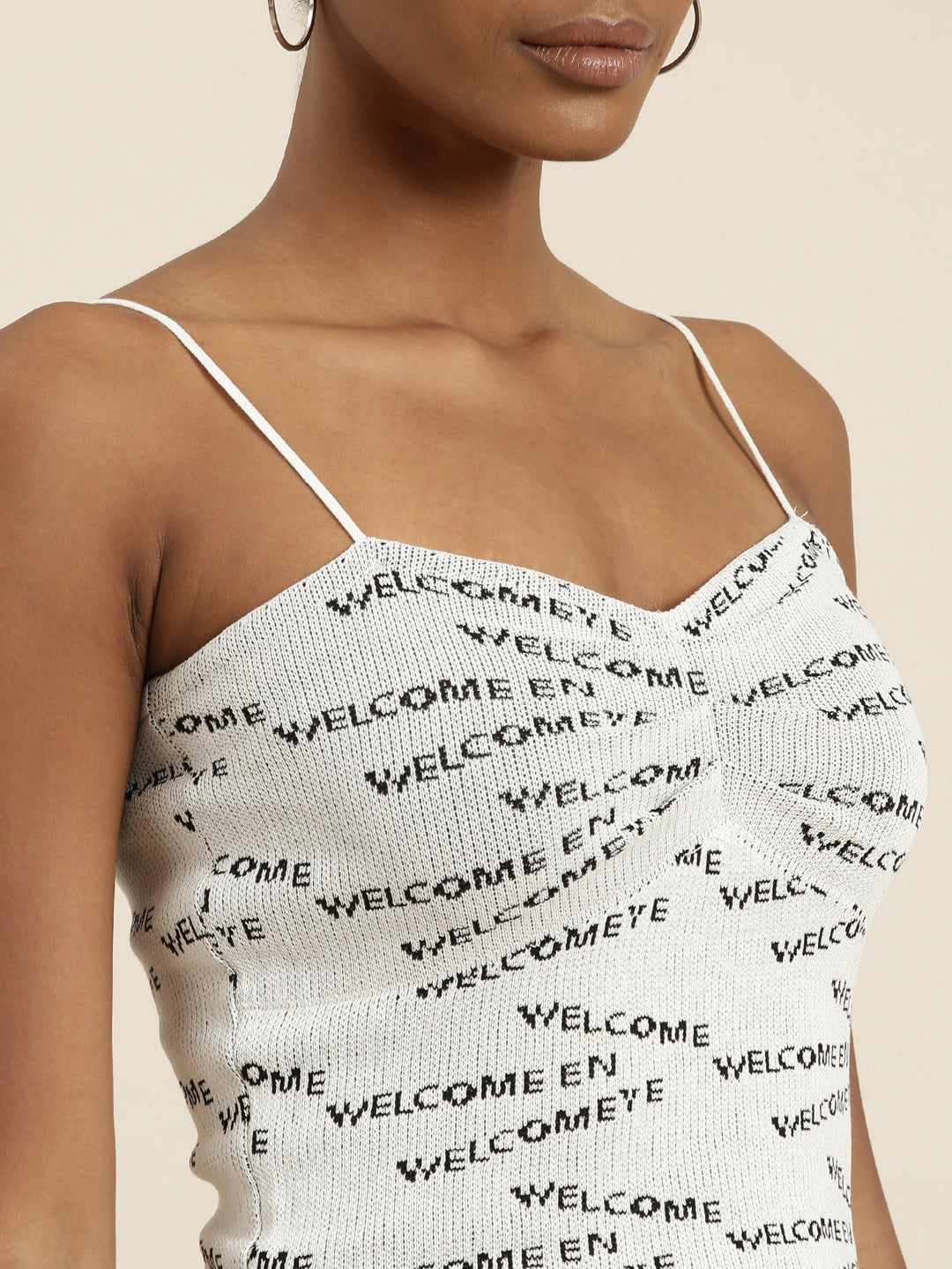 Women's Grey Shoulder Straps Typography Printed Fitted Top