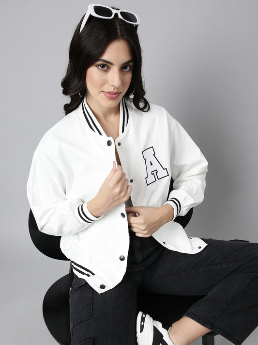 Women's Solid White Oversized Drop Shoulder Varsity Jacket