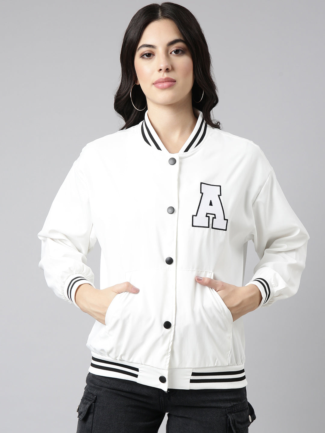 Women's Solid White Oversized Drop Shoulder Varsity Jacket