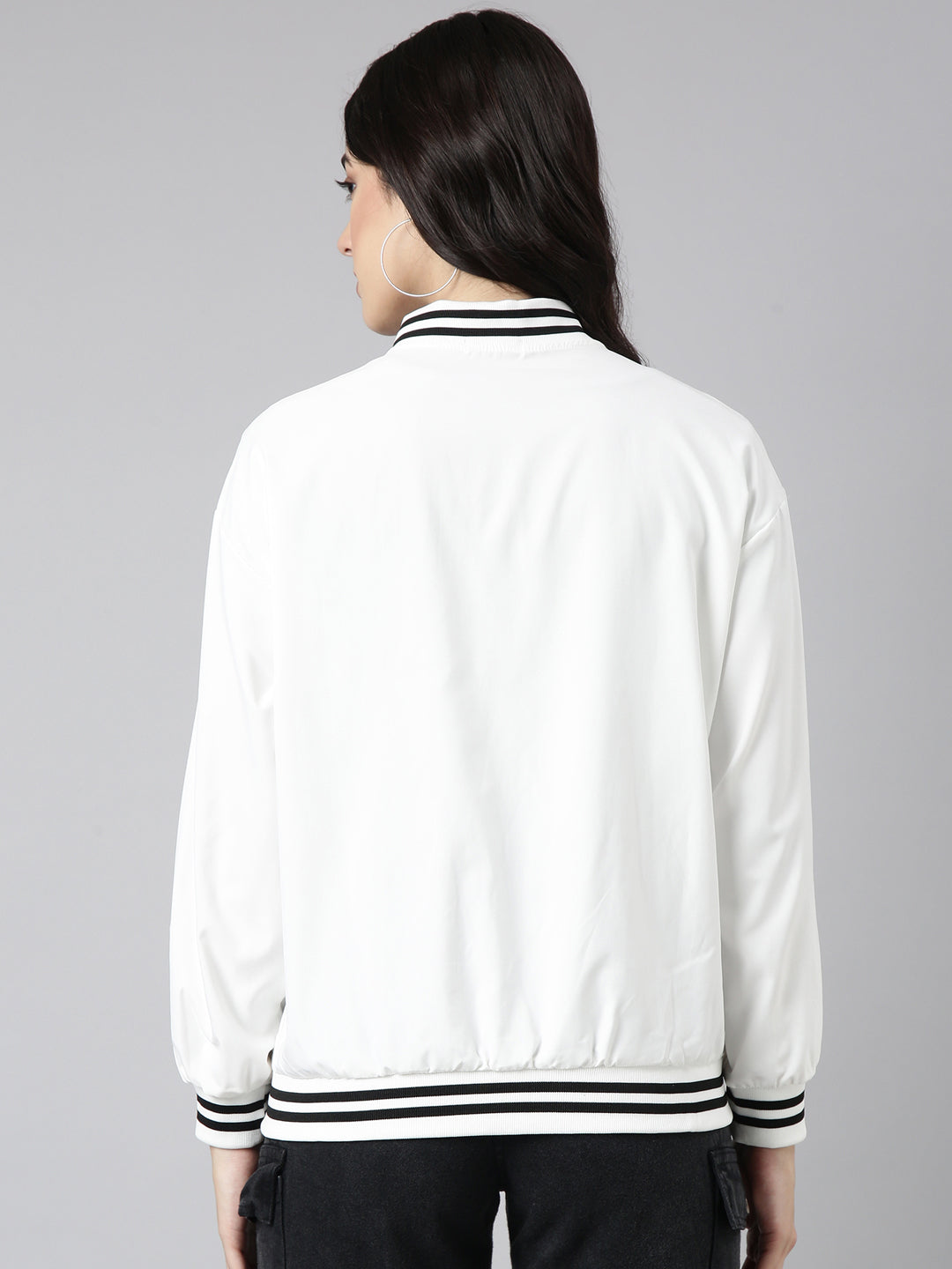 Women's Solid White Oversized Drop Shoulder Varsity Jacket