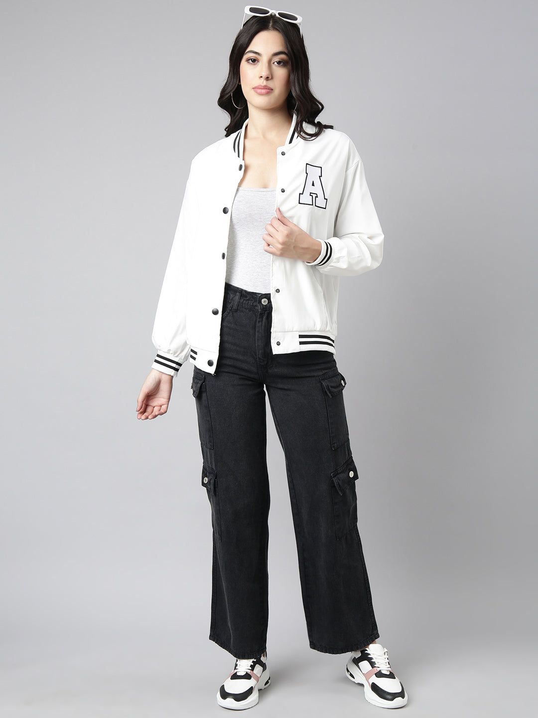 Women's Solid White Oversized Drop Shoulder Varsity Jacket